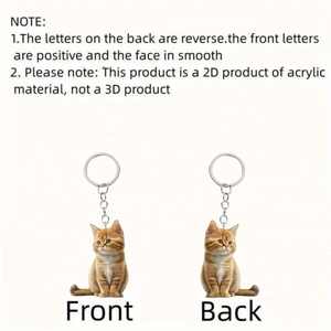 Front and back detail of 2D acrylic tabby cat keychain showing smooth printed surfaces