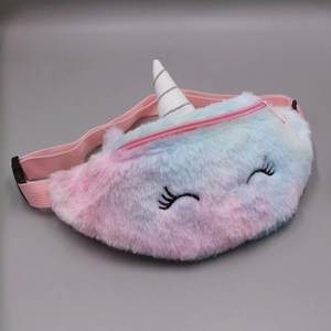 Detail of plush rainbow unicorn waist bag with glitter horn and soft faux fur texture