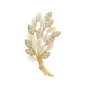 Luxurious cat eye opal wheat ear brooch with gold metal and sparkling crystals for women