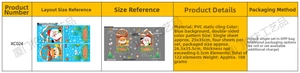 Detail of PVC static Christmas window decals set showing Santa and Reindeer dimensions
