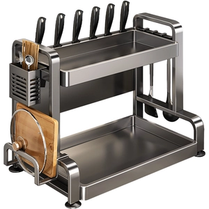 Double-layer dark grey stainless steel kitchen spice rack with knife holder and hooks
