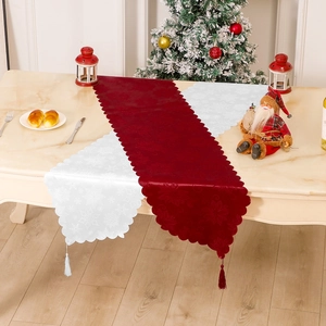 Weihnachts Tischläufer Polyester Jacquard Schneeflocken Muster Wellenrand Quaste Festliche Feiertag Dekoration