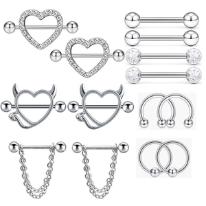 Stainless Steel Rhinestone Nipple Piercing Jewelry Set Heart Devil Chain Dangle Barbell Body Piercing Accessories For Unisex