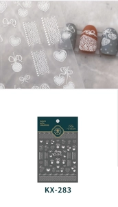 Macro view of 5D white lace relief nail stickers with bow and knit texture patterns