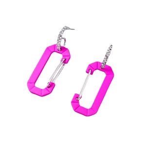 Neon pink carabiner drop earrings with rhinestone hooks in a modern industrial design