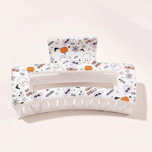 Halloween rectangular hair claw clip with spooky pumpkin and ghost prints on ivory resin