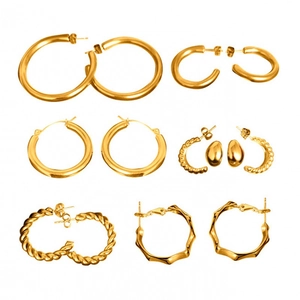 6 pairs of gold-plated stainless steel hoop and stud earrings in twisted and smooth styles