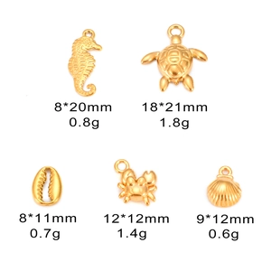 Macro shot of 5 golden ocean charms with specific size and weight detail on white background