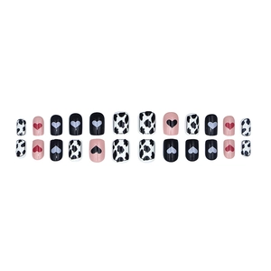 Reusable cow print and heart press-on nails set with 24 pieces of short square tips