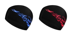 Flat lay of black fabric swim caps featuring blue and red flame prints with text