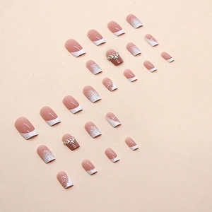 French nude press-on nails with silver glitter, rhinestones, and pearls 24pcs set