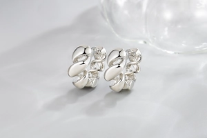Detailed macro view of silver twisted rope hoop earrings with a polished metallic finish