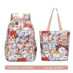 Cute cartoon cat print backpack and tote bag set for schoolgirls in waterproof fabric