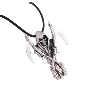 Gothic silver grim reaper skull with scythes pendant on black rope necklace for men