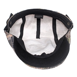 Internal view of camouflage cotton flat cap featuring breathable honeycomb lining and sweatband