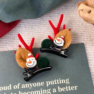 Paar Weihnachts-Rentier-Haarspangen mit süßem Schneemann und weichen Plüschpompons