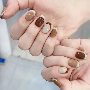 Minimalist Short French Press On Nails Coffee Beige Stitching Artificial Fingernails Shiny Removable For Women