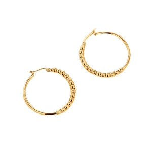 Polished gold-tone titanium steel hoop earrings with half-beaded design and stud closure