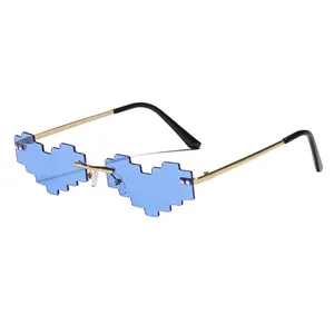 Blue pixelated heart-shaped sunglasses with gold metal temples and a creative design