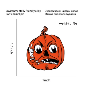 Detailed size view of a cartoon pumpkin enamel pin measuring 1.1x1 inches with dimensions
