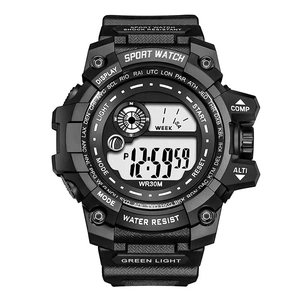 Waterproof digital sports watch with black resin strap and LED backlight display