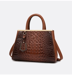 Detailed view of dark brown crocodile embossed texture with gold metal accents