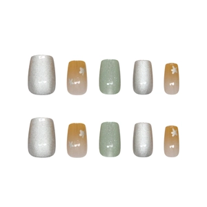 Handmade press-on nails with star gradient cat-eye effect and floral patterns