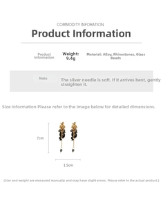Detailed size and material specs for floral tassel earrings with rhinestones and black beads