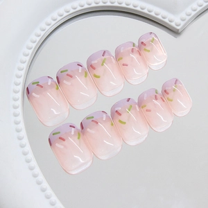 Short square lavender French press-on nails with colorful confetti on glossy base