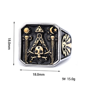Detailed close-up showing the masonic skull ring dimensions of 18.0mm and 15.0g weight