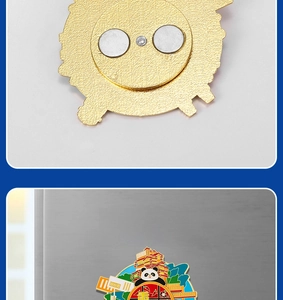 Detail of Panda souvenir magnet featuring traditional Chinese architecture and dual magnets