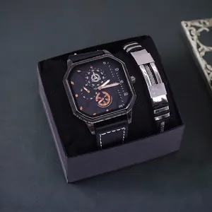 Men's gift set featuring a square black dial watch and metal bracelet in a black box