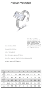 Size guide for S925 sterling silver ring featuring a rectangular zircon stone detail