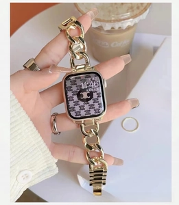 Detail showing high-end gold-plated denim chain metal band for Apple Watch
