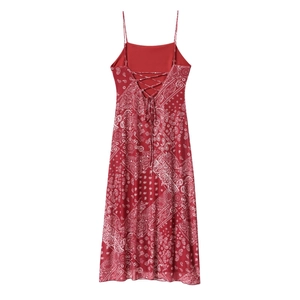Red paisley print slip dress with chic backless lace-up detail and side slit