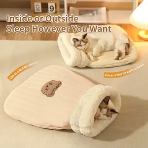 Saco De Dormir Suave Para Gatos Cama Cálida Pana Lana Cordero Nido Cerrado Alfombrilla Acolchada Perros Pequeños Oso