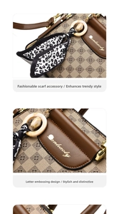 Detail of a brown monogram handbag with golden hardware and leopard print scarf