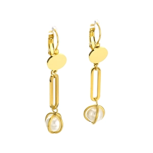 Boucles d'oreilles pendantes en titane doré avec perle minimaliste dans une cage métal