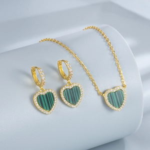 925 silver heart jewelry set with green malachite stone and white zircon accents