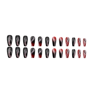 Long coffin black and red gradient press-on nails with pink swirl and silver glitter