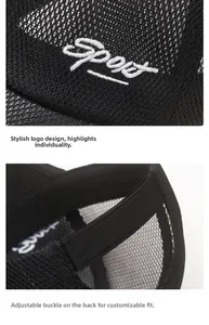 Detail view of sport embroidery and adjustable strap on black mesh baseball cap