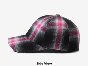 Side view of checkered baseball cap in black, grey and magenta plaid pattern fabric