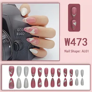 Pink and white heart almond press-on nail kit with 24 pieces and French tip designs