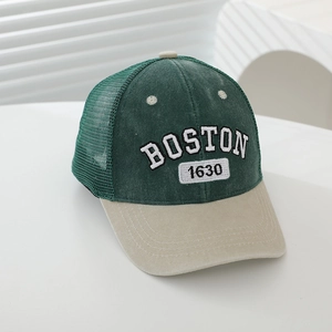 Detailed view of kids vintage mesh baseball cap with Boston 1630 3D embroidery