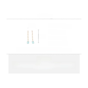 Detail view of long zircon drop earrings with specifications for size, weight, and material