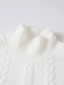 Macro detail of men's white knit sweater featuring ribbed turtleneck and cable stitching