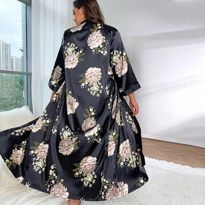 Women's plus size black satin long nightgown with vintage floral prints and silky texture