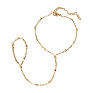 Minimalist 18k gold plated stainless steel finger bracelet with delicate beads and ring