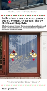 Detail of red and gold Christmas window stickers with festive balls and Merry Christmas text