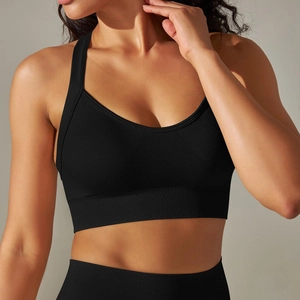 Détail du soutien-gorge de sport sans couture avec larges bretelles et texture côtelée